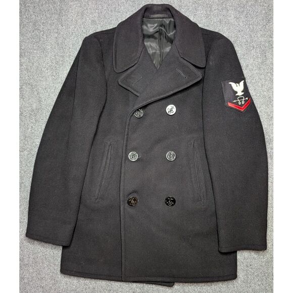 Vintage 1960's US Navy 100% Wool Double Breasted Pea Coat PO3 Black‎ Size 36